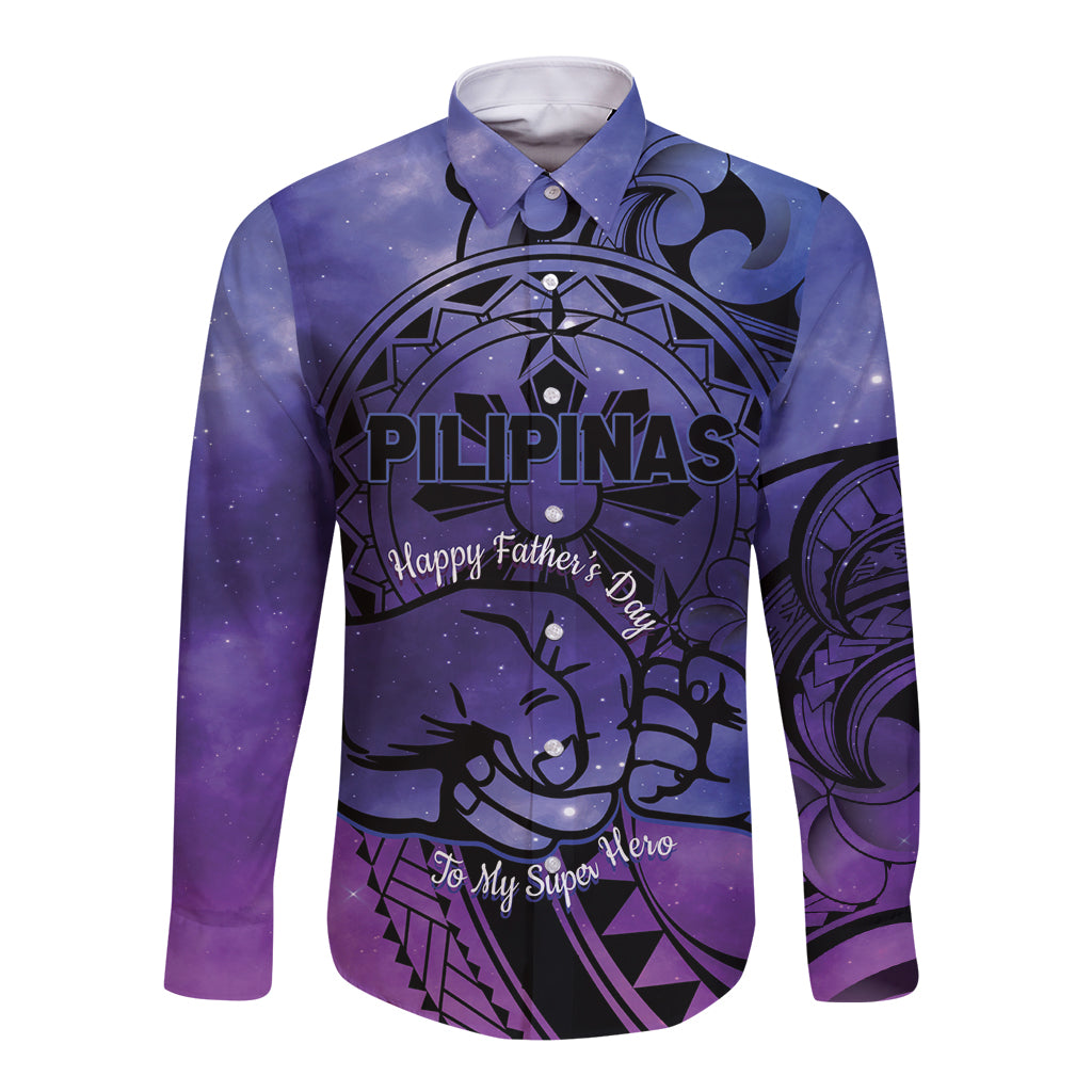 Philippines Father's Day Long Sleeve Button Shirt Polynesian Tattoo Galaxy Vibes