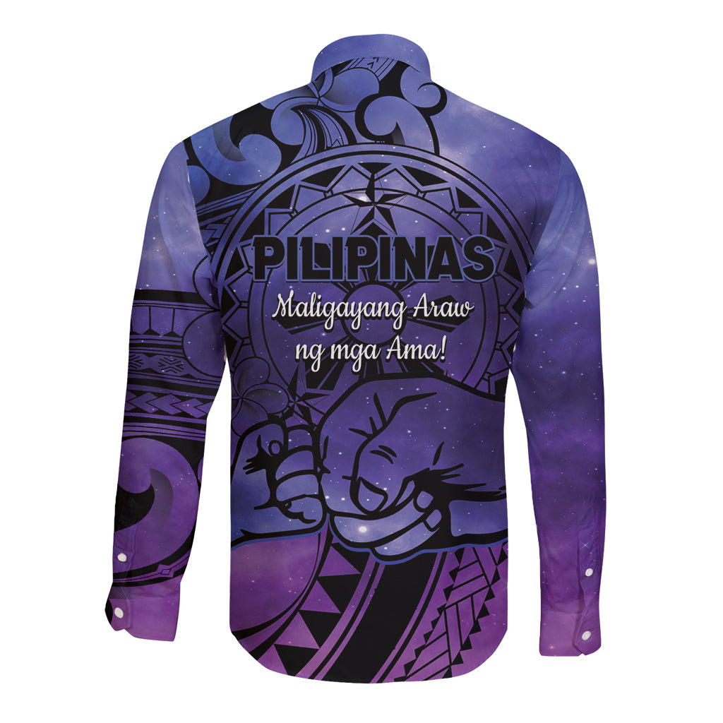 Philippines Father's Day Long Sleeve Button Shirt Polynesian Tattoo Galaxy Vibes