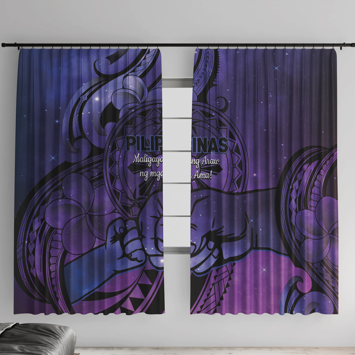 Philippines Father's Day Window Curtain Polynesian Tattoo Galaxy Vibes