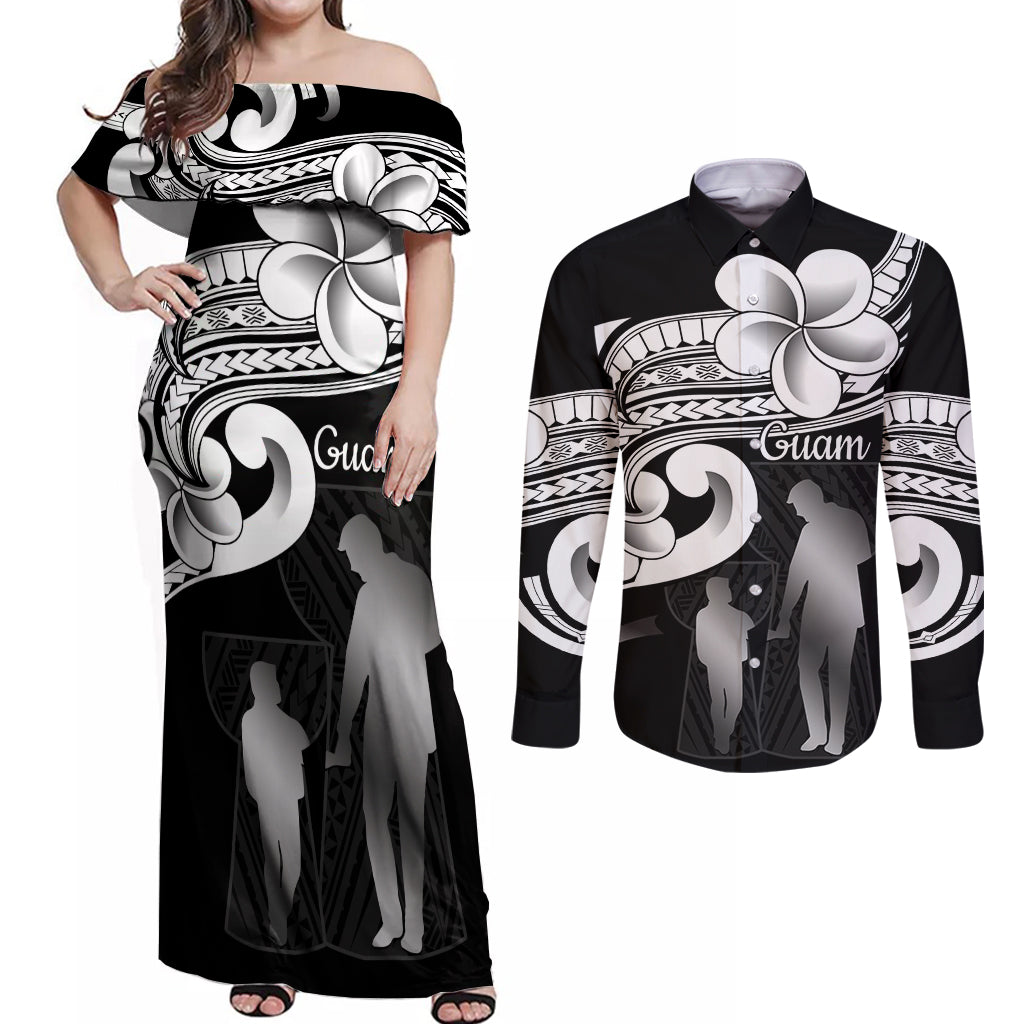Guam Father's Day Couples Matching Off Shoulder Maxi Dress and Long Sleeve Button Shirt Chamorro Latte Stone Polynesian Pattern