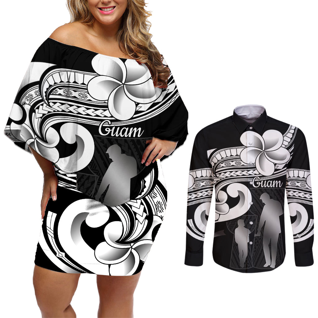 Guam Father's Day Couples Matching Off Shoulder Short Dress and Long Sleeve Button Shirt Chamorro Latte Stone Polynesian Pattern