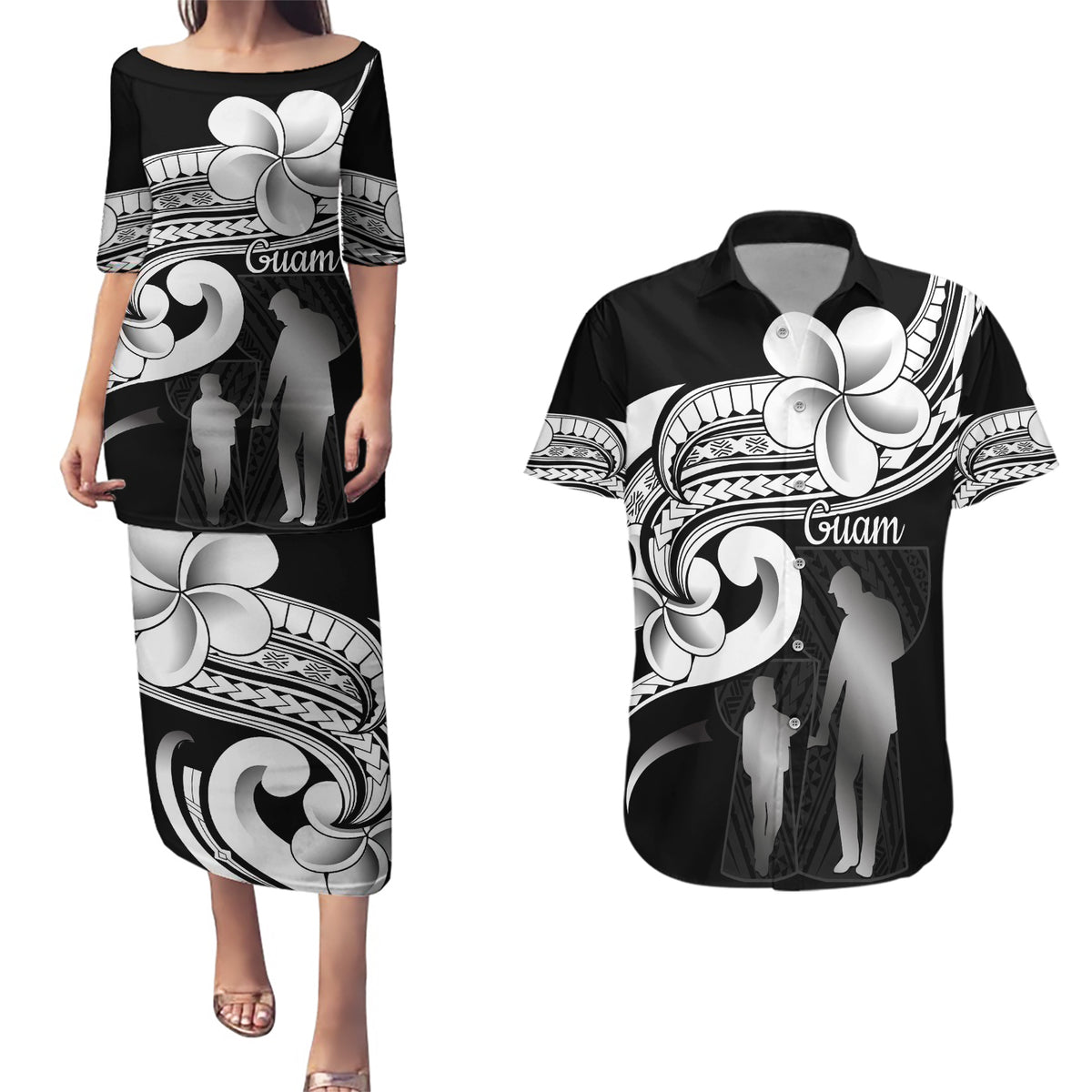 Guam Father's Day Couples Matching Puletasi and Hawaiian Shirt Chamorro Latte Stone Polynesian Pattern