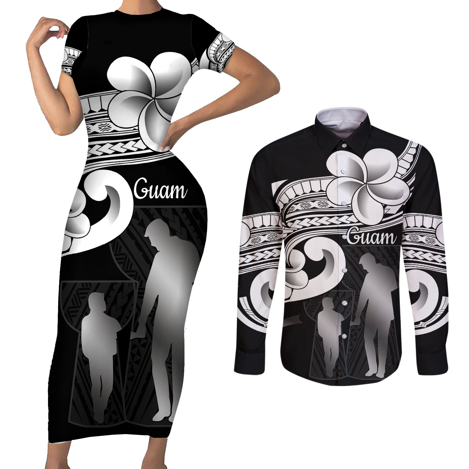 Guam Father's Day Couples Matching Short Sleeve Bodycon Dress and Long Sleeve Button Shirt Chamorro Latte Stone Polynesian Pattern