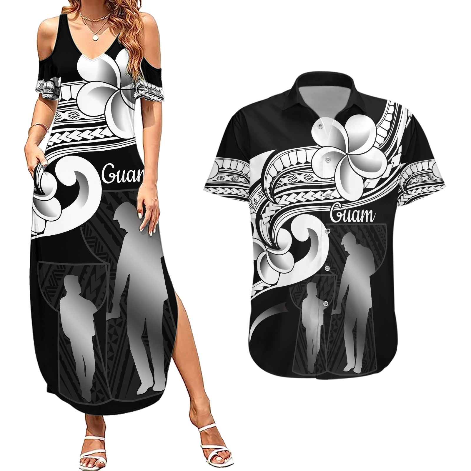 Guam Father's Day Couples Matching Summer Maxi Dress and Hawaiian Shirt Chamorro Latte Stone Polynesian Pattern