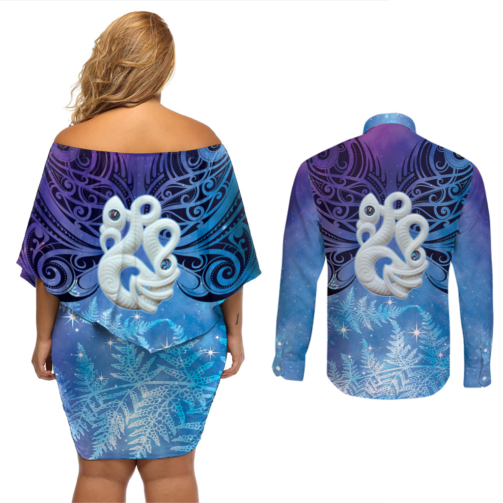 New Zealand Matariki Couples Matching Off Shoulder Short Dress and Long Sleeve Button Shirt Aotearoa Maori New Year Manaia Galaxy Vibes
