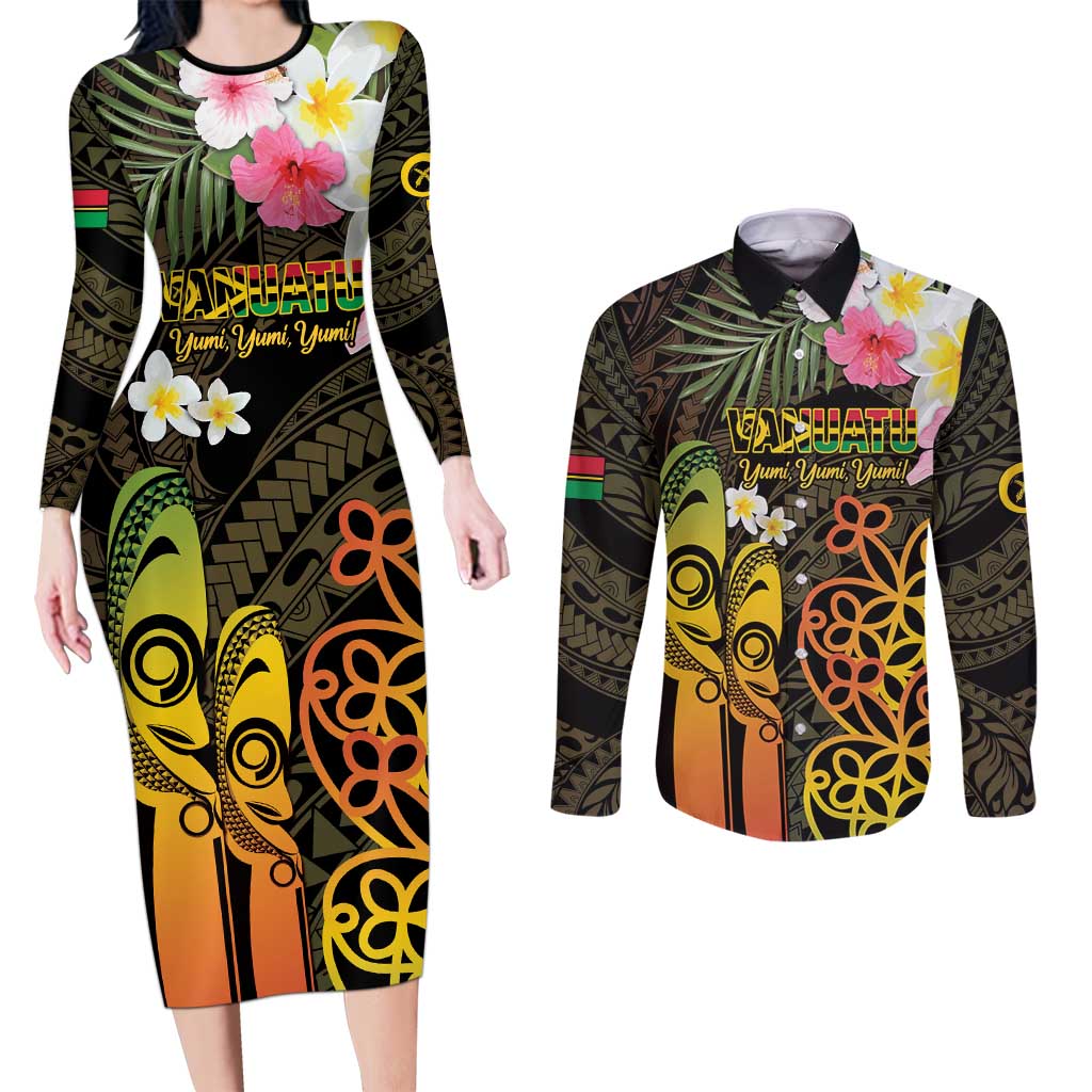 Personalised Vanuatu Independence Day Couples Matching Long Sleeve Bodycon Dress and Long Sleeve Button Shirt Carving Drum Sand Drawing Turtle