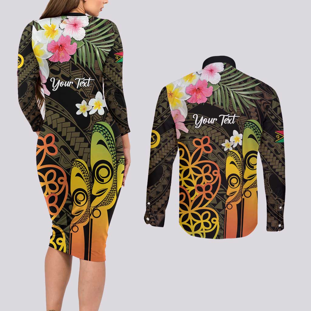 Personalised Vanuatu Independence Day Couples Matching Long Sleeve Bodycon Dress and Long Sleeve Button Shirt Carving Drum Sand Drawing Turtle