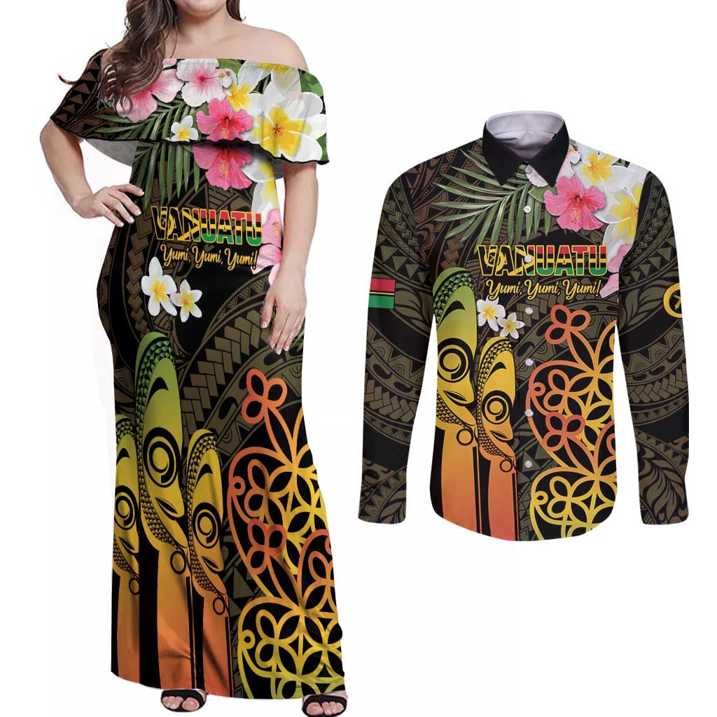 Personalised Vanuatu Independence Day Couples Matching Off Shoulder Maxi Dress and Long Sleeve Button Shirt Carving Drum Sand Drawing Turtle