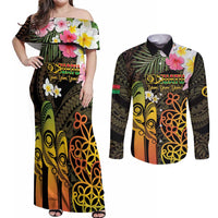 Personalised Vanuatu Independence Day Couples Matching Off Shoulder Maxi Dress and Long Sleeve Button Shirt Carving Drum Sand Drawing Turtle