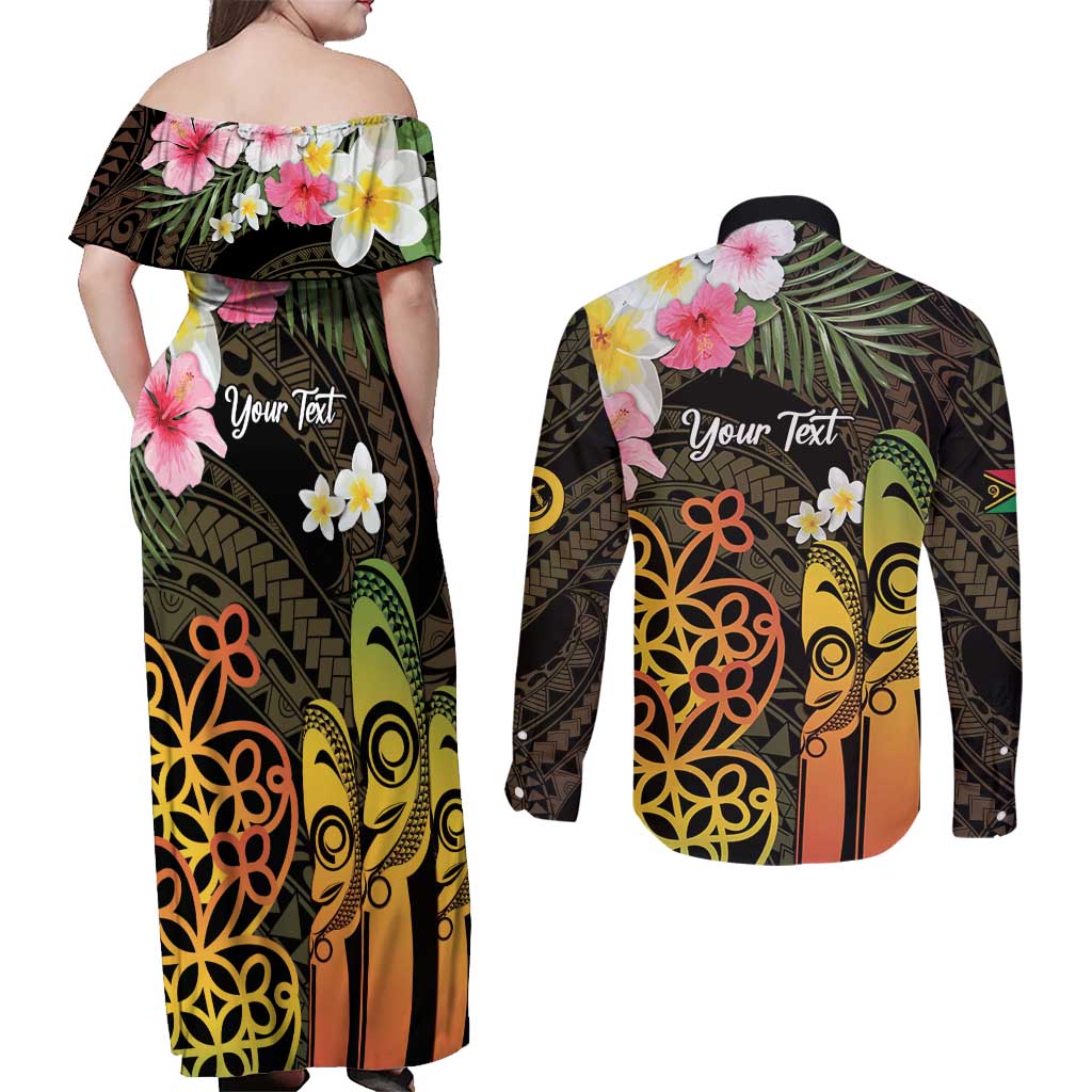 Personalised Vanuatu Independence Day Couples Matching Off Shoulder Maxi Dress and Long Sleeve Button Shirt Carving Drum Sand Drawing Turtle