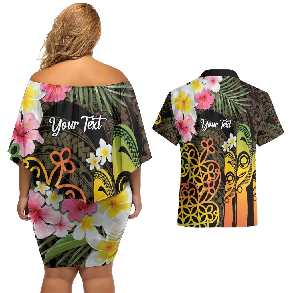 Personalised Vanuatu Independence Day Couples Matching Off Shoulder Short Dress and Hawaiian Shirt Carving Drum Sand Drawing Turtle