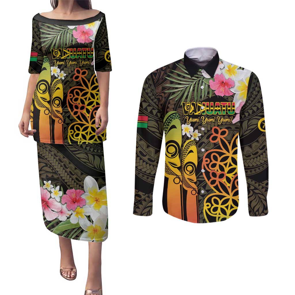 Personalised Vanuatu Independence Day Couples Matching Puletasi and Long Sleeve Button Shirt Carving Drum Sand Drawing Turtle