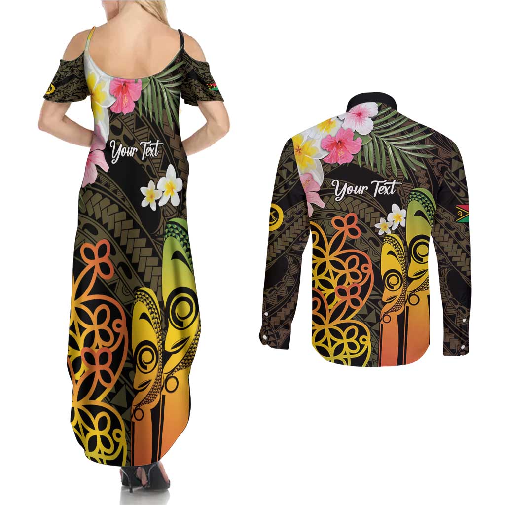 Personalised Vanuatu Independence Day Couples Matching Summer Maxi Dress and Long Sleeve Button Shirt Carving Drum Sand Drawing Turtle