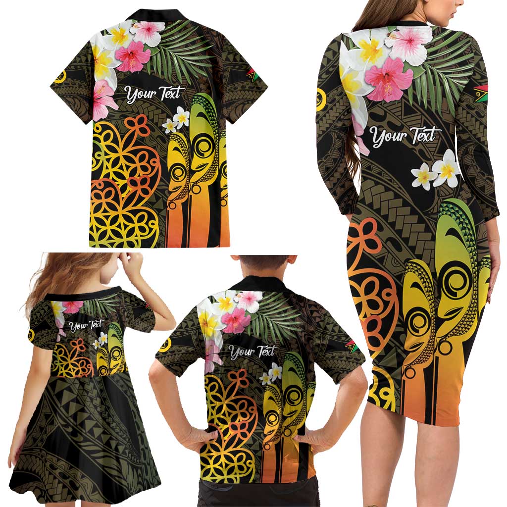 Personalised Vanuatu Independence Day Family Matching Long Sleeve Bodycon Dress and Hawaiian Shirt Carving Drum Sand Drawing Turtle