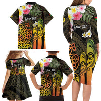 Personalised Vanuatu Independence Day Family Matching Long Sleeve Bodycon Dress and Hawaiian Shirt Carving Drum Sand Drawing Turtle