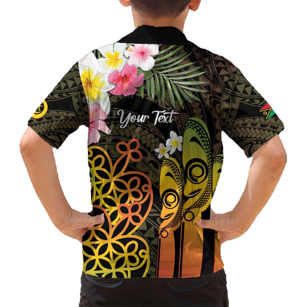 Personalised Vanuatu Independence Day Family Matching Off Shoulder Short Dress and Hawaiian Shirt Carving Drum Sand Drawing Turtle