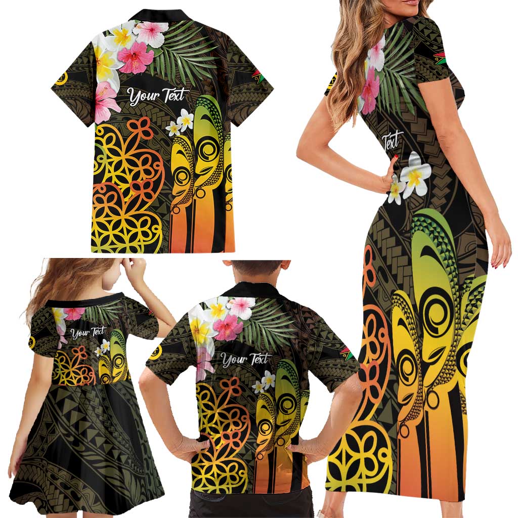 Personalised Vanuatu Independence Day Family Matching Short Sleeve Bodycon Dress and Hawaiian Shirt Carving Drum Sand Drawing Turtle
