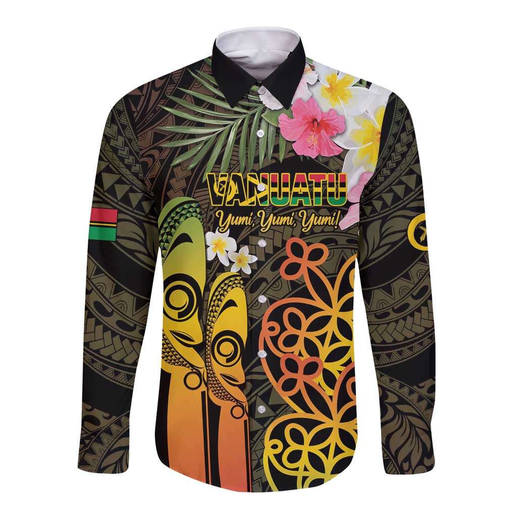 Personalised Vanuatu Independence Day Long Sleeve Button Shirt Carving Drum Sand Drawing Turtle