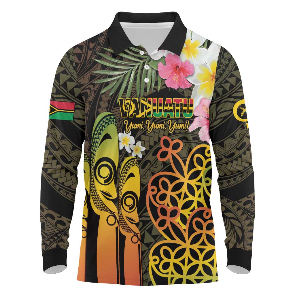 Personalised Vanuatu Independence Day Long Sleeve Polo Shirt Carving Drum Sand Drawing Turtle