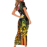 Personalised Vanuatu Independence Day Short Sleeve Bodycon Dress Carving Drum Sand Drawing Turtle