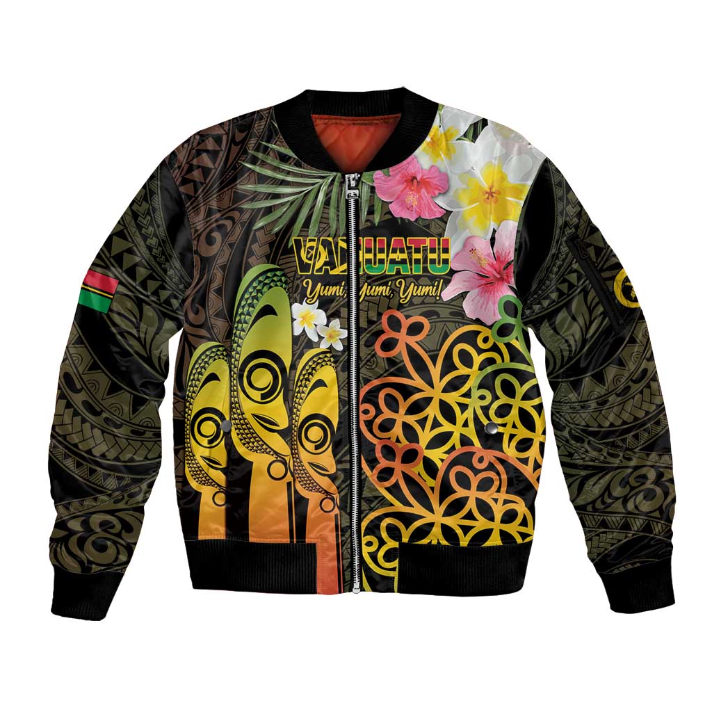 Personalised Vanuatu Independence Day Sleeve Zip Bomber Jacket Carving Drum Sand Drawing Turtle LT14 Unisex Black - Polynesian Pride