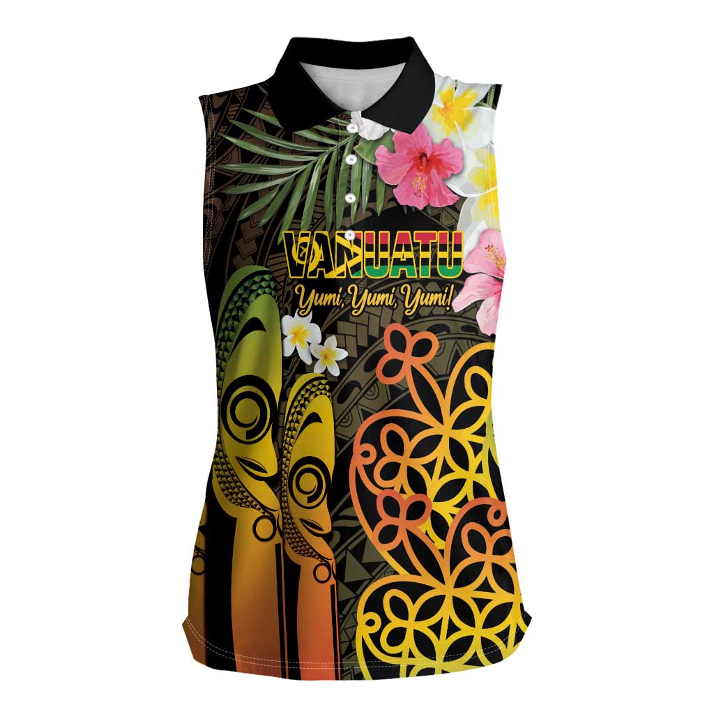 Personalised Vanuatu Independence Day Women Sleeveless Polo Shirt Carving Drum Sand Drawing Turtle