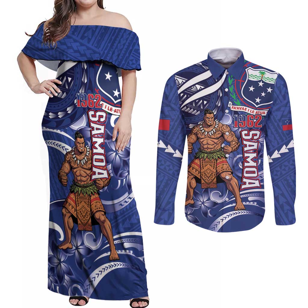 Samoa Independence Day Couples Matching Off Shoulder Maxi Dress and Long Sleeve Button Shirt 1962 Proud Samoan Warrior
