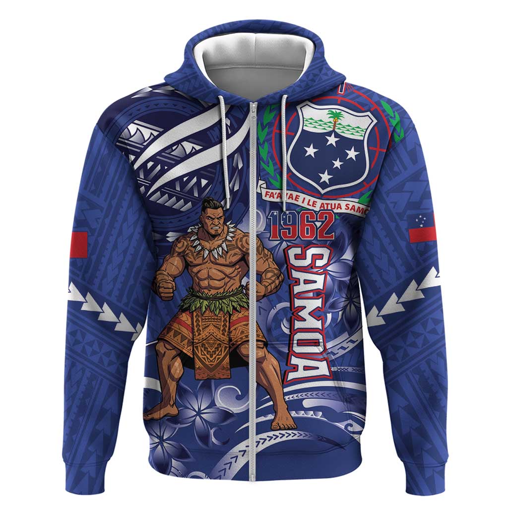 Samoa Independence Day Zip Hoodie 1962 Proud Samoan Warrior LT14 Zip Hoodie Blue - Polynesian Pride