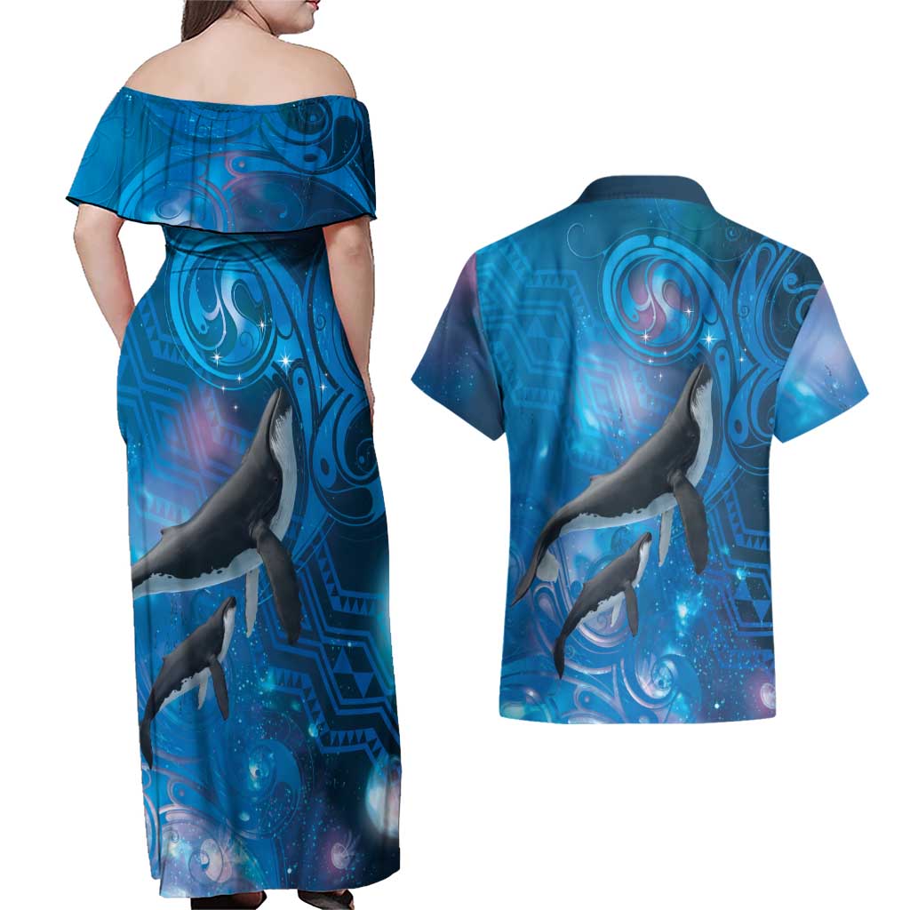Paikea New Zealand Matariki Couples Matching Off Shoulder Maxi Dress and Hawaiian Shirt Humpback Whale Taniko Motifs Ocean Vibes LT14 - Polynesian Pride