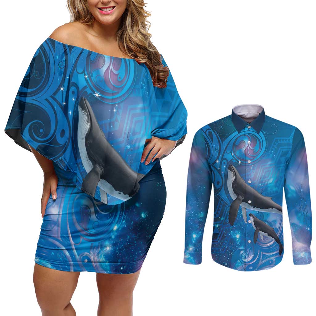 Paikea New Zealand Matariki Couples Matching Off Shoulder Short Dress and Long Sleeve Button Shirt Humpback Whale Taniko Motifs Ocean Vibes