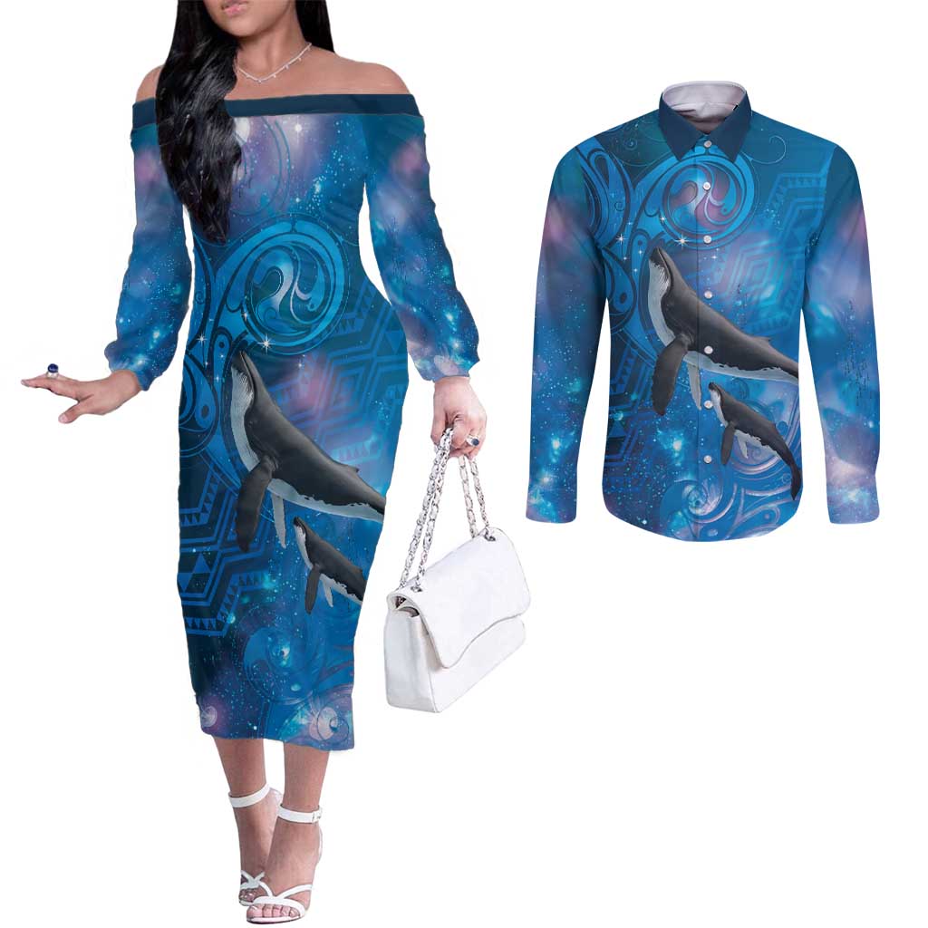 Paikea New Zealand Matariki Couples Matching Off The Shoulder Long Sleeve Dress and Long Sleeve Button Shirt Humpback Whale Taniko Motifs Ocean Vibes LT14 Blue - Polynesian Pride