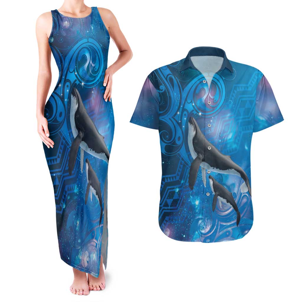 Paikea New Zealand Matariki Couples Matching Tank Maxi Dress and Hawaiian Shirt Humpback Whale Taniko Motifs Ocean Vibes LT14 Blue - Polynesian Pride