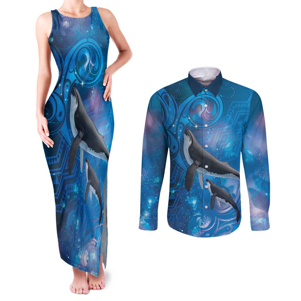 Paikea New Zealand Matariki Couples Matching Tank Maxi Dress and Long Sleeve Button Shirt Humpback Whale Taniko Motifs Ocean Vibes