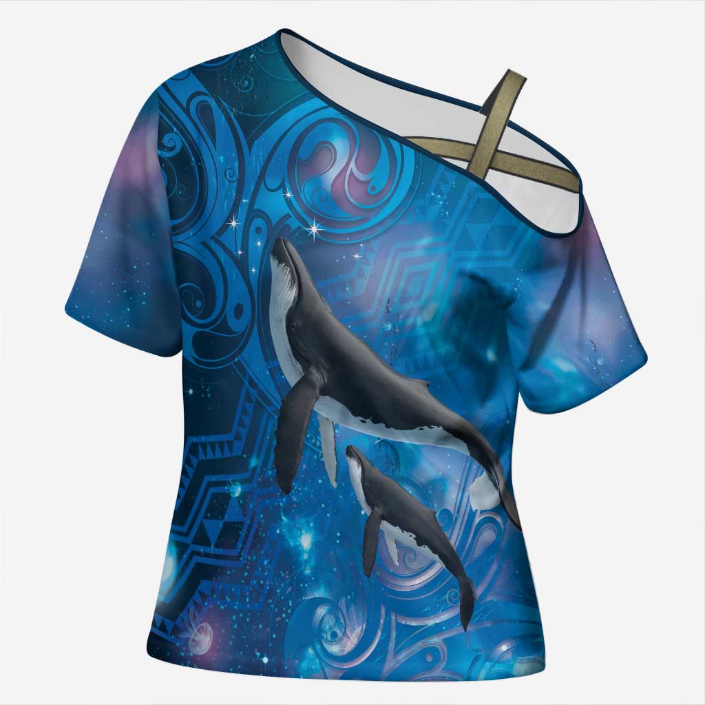 Paikea New Zealand Matariki Cross Shoulder Shirt Humpback Whale Taniko Motifs Ocean Vibes LT14 Female Blue - Polynesian Pride