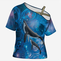 Paikea New Zealand Matariki Cross Shoulder Shirt Humpback Whale Taniko Motifs Ocean Vibes LT14 Female Blue - Polynesian Pride