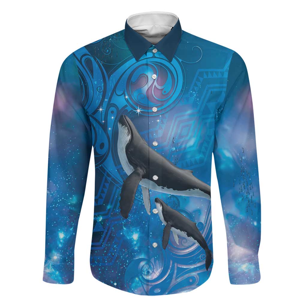 Paikea New Zealand Matariki Family Matching Long Sleeve Bodycon Dress and Hawaiian Shirt Humpback Whale Taniko Motifs Ocean Vibes LT14 Dad's Shirt - Long Sleeve Blue - Polynesian Pride