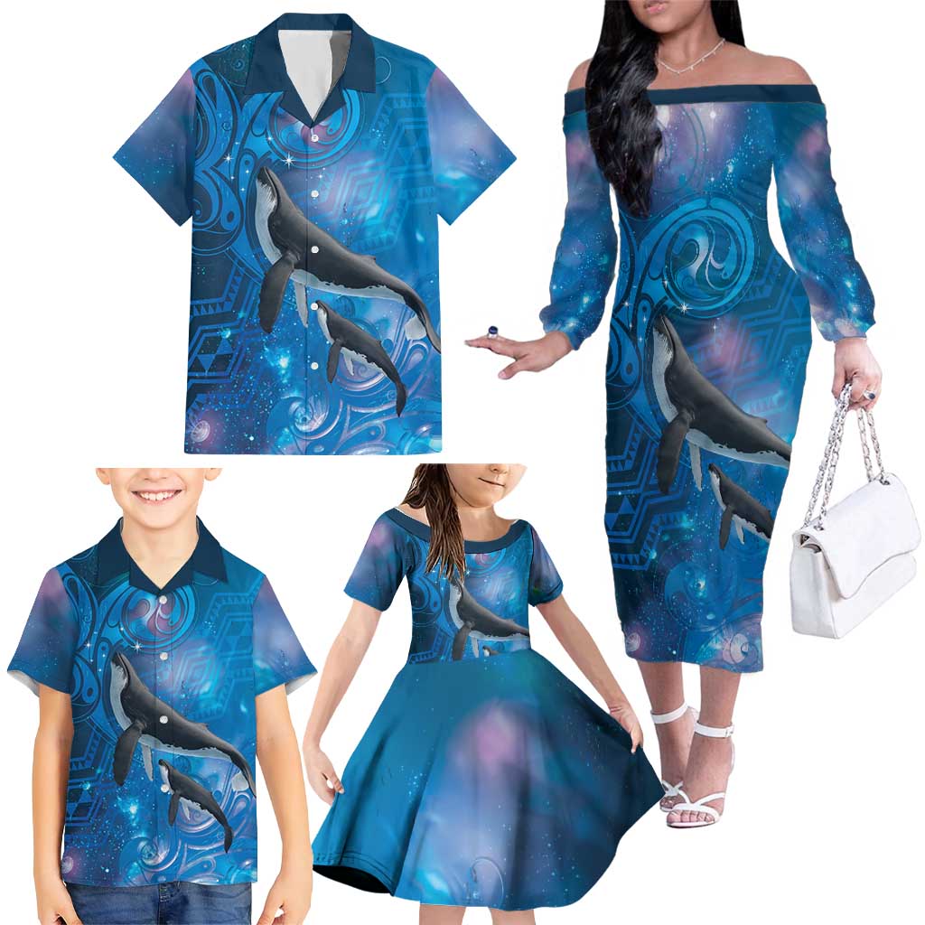 Paikea New Zealand Matariki Family Matching Off The Shoulder Long Sleeve Dress and Hawaiian Shirt Humpback Whale Taniko Motifs Ocean Vibes