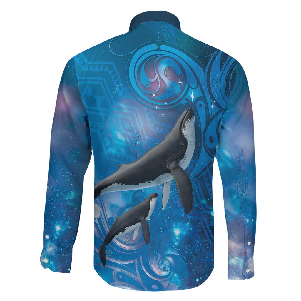 Paikea New Zealand Matariki Family Matching Off The Shoulder Long Sleeve Dress and Hawaiian Shirt Humpback Whale Taniko Motifs Ocean Vibes LT14 - Polynesian Pride