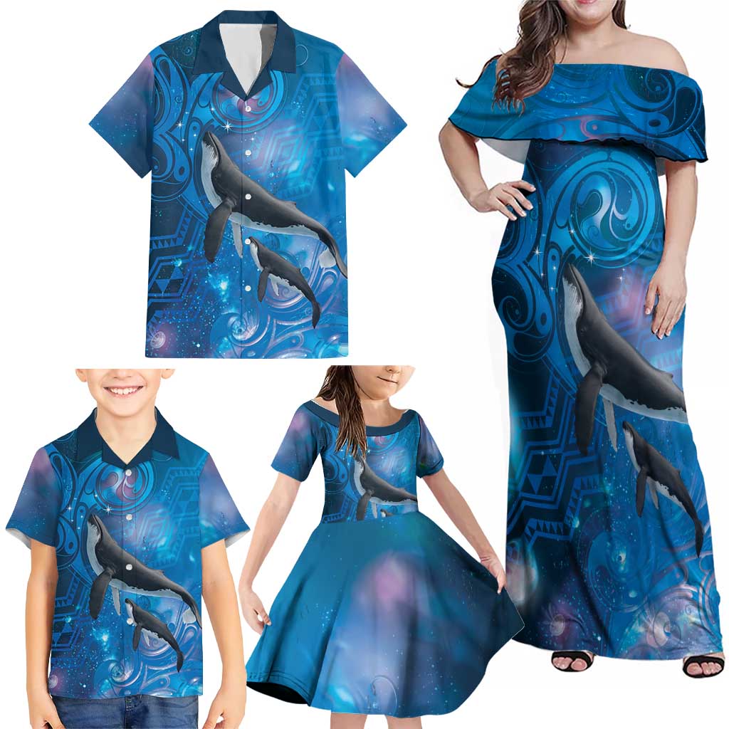 Paikea New Zealand Matariki Family Matching Off Shoulder Maxi Dress and Hawaiian Shirt Humpback Whale Taniko Motifs Ocean Vibes