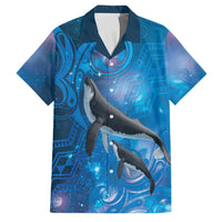 Paikea New Zealand Matariki Family Matching Short Sleeve Bodycon Dress and Hawaiian Shirt Humpback Whale Taniko Motifs Ocean Vibes LT14 Dad's Shirt - Short Sleeve Blue - Polynesian Pride