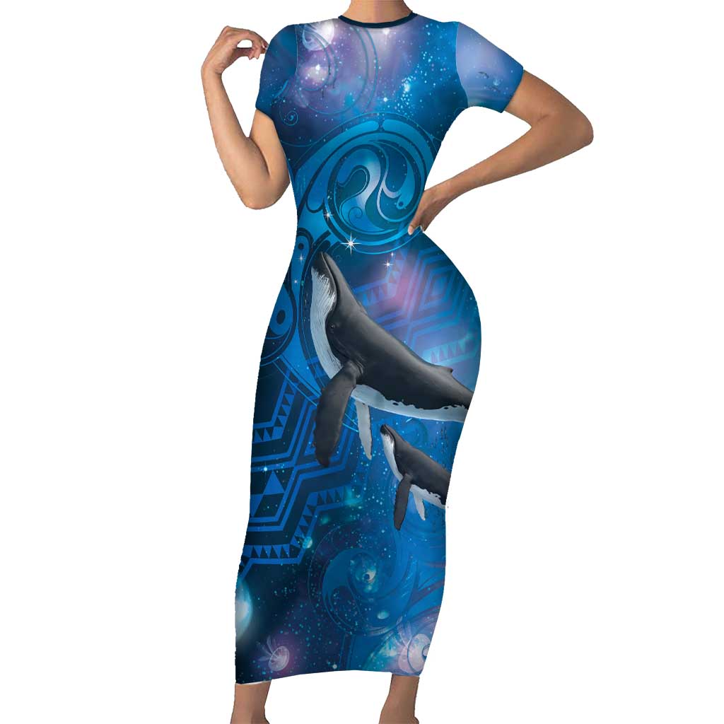 Paikea New Zealand Matariki Family Matching Short Sleeve Bodycon Dress and Hawaiian Shirt Humpback Whale Taniko Motifs Ocean Vibes LT14 Mom's Dress Blue - Polynesian Pride