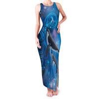 Paikea New Zealand Matariki Family Matching Tank Maxi Dress and Hawaiian Shirt Humpback Whale Taniko Motifs Ocean Vibes LT14 Mom's Dress Blue - Polynesian Pride