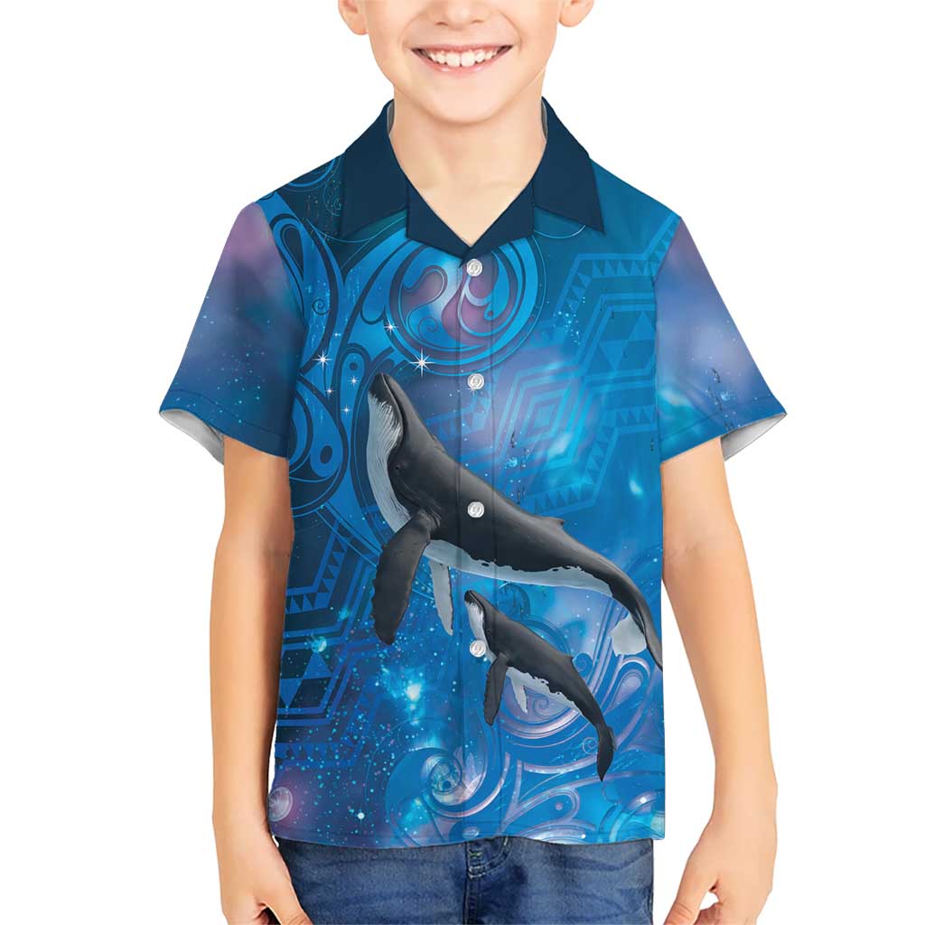 Paikea New Zealand Matariki Family Matching Tank Maxi Dress and Hawaiian Shirt Humpback Whale Taniko Motifs Ocean Vibes LT14 Son's Shirt Blue - Polynesian Pride