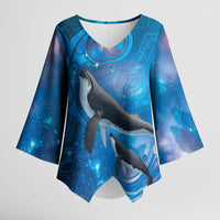 Paikea New Zealand Matariki Kimono Sleeve Blouse Humpback Whale Taniko Motifs Ocean Vibes LT14 Female Blue - Polynesian Pride
