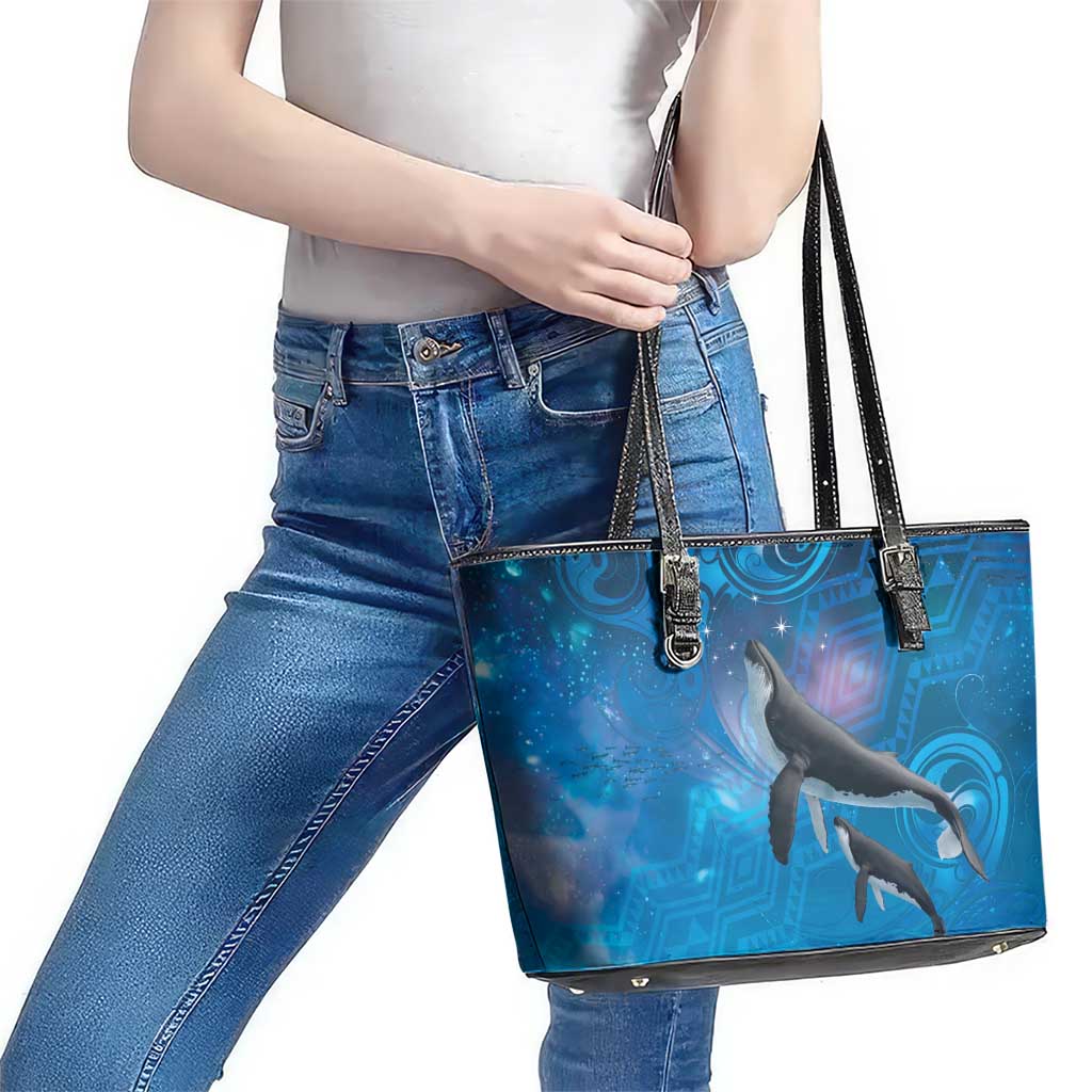Paikea New Zealand Matariki Leather Tote Bag Humpback Whale Taniko Motifs Ocean Vibes LT14 - Polynesian Pride