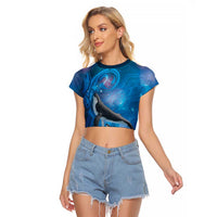 Paikea New Zealand Matariki Raglan Cropped T Shirt Humpback Whale Taniko Motifs Ocean Vibes LT14 Female Blue - Polynesian Pride