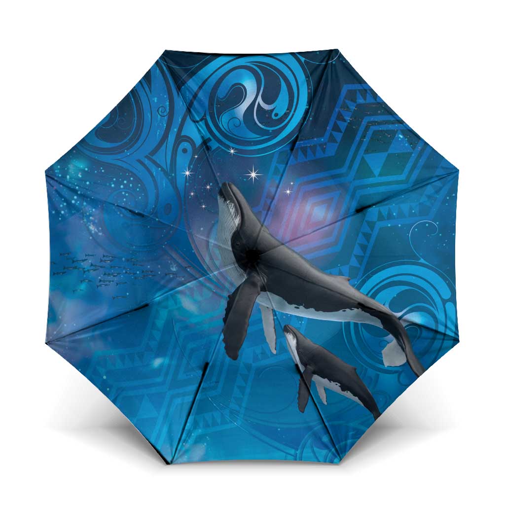 Paikea New Zealand Matariki Umbrella Humpback Whale Taniko Motifs Ocean Vibes LT14 One Size Folded 11.42 inch Opened Diameter 37.4 inch Blue - Polynesian Pride