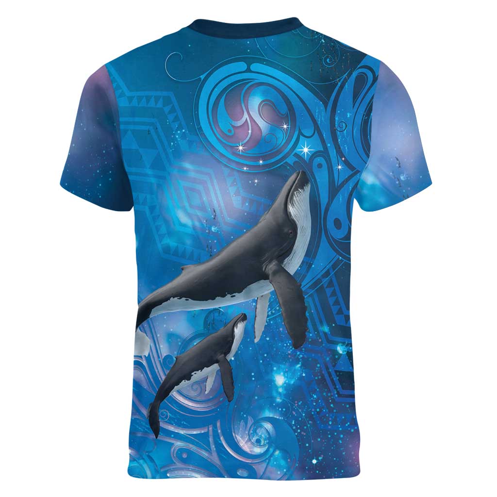Paikea New Zealand Matariki Women V-Neck T-Shirt Humpback Whale Taniko Motifs Ocean Vibes LT14 - Polynesian Pride