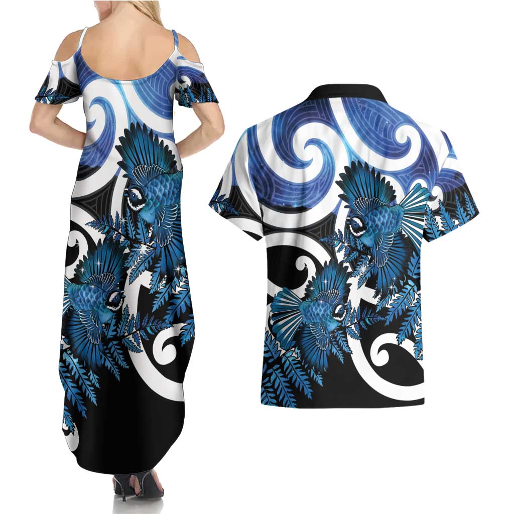 Piwakawaka New Zealand Matariki Couples Matching Summer Maxi Dress and Hawaiian Shirt Maori New Year Silver Fern Blue Galaxy LT14 - Polynesian Pride