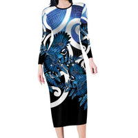 Piwakawaka New Zealand Matariki Family Matching Long Sleeve Bodycon Dress and Hawaiian Shirt Maori New Year Silver Fern Blue Galaxy LT14 Mom's Dress Blue - Polynesian Pride